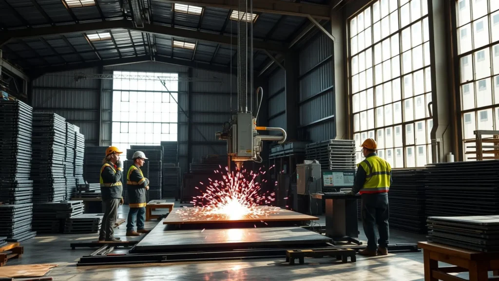 Corte preciso de chapas de aço para estruturas metálicas em ambiente industrial moderno.