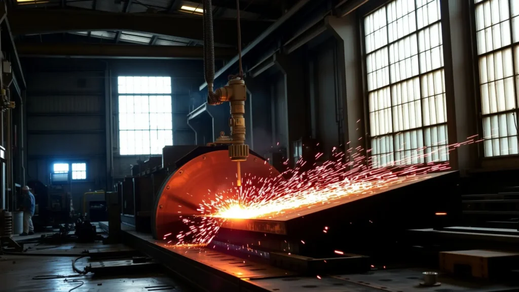 Oxicorte de chapas grossas em ambiente industrial com operador e faíscas.