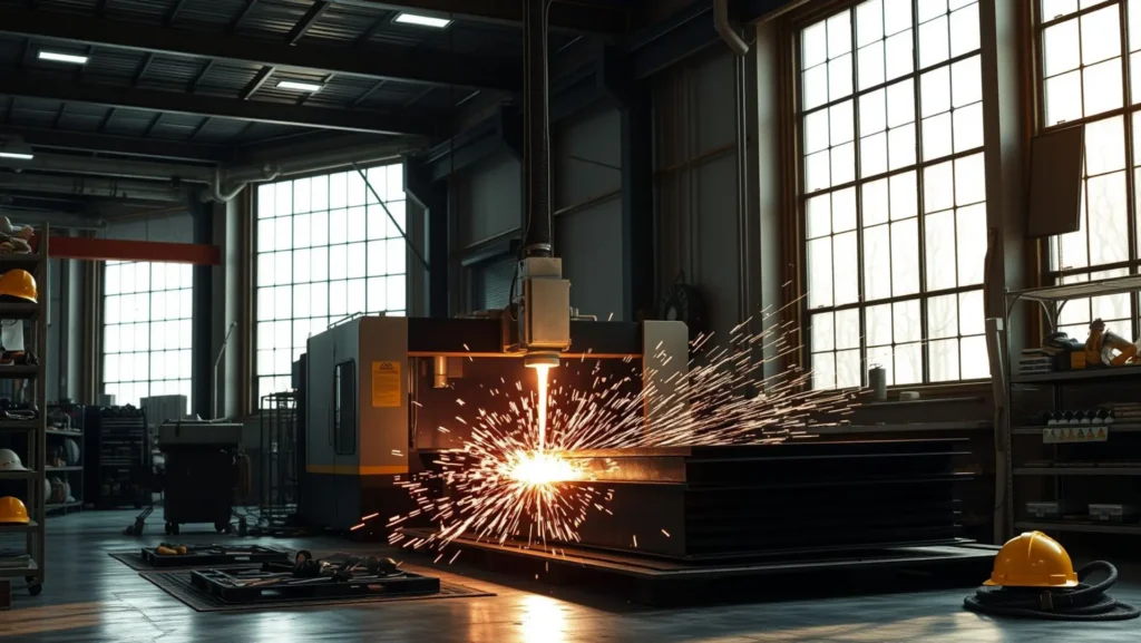 Máquina de oxicorte CNC cortando chapa grossa de aço em ambiente industrial