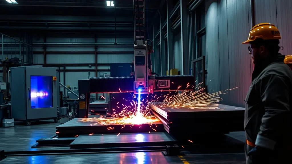 Oficina industrial cortando chapa de aço com oxicorte de alta precisão