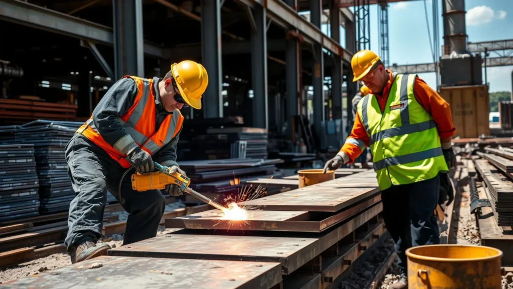 Equipe aplicando oxicorte em chapas de aço em obra de construção civil