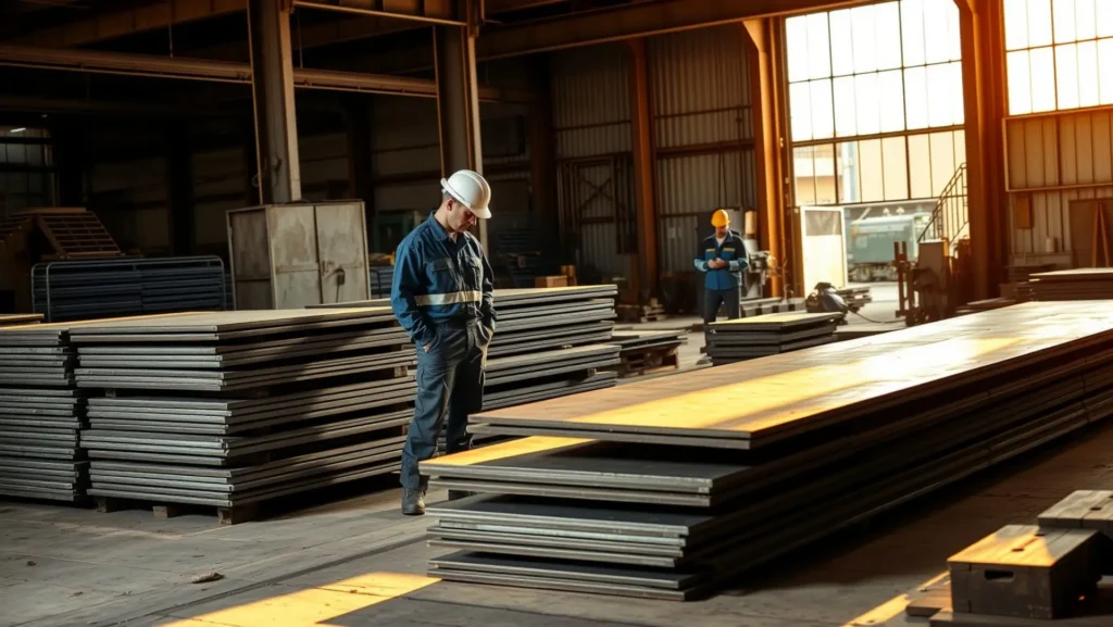 Profissionais analisando chapas de aço em oficina industrial de oxicorte
