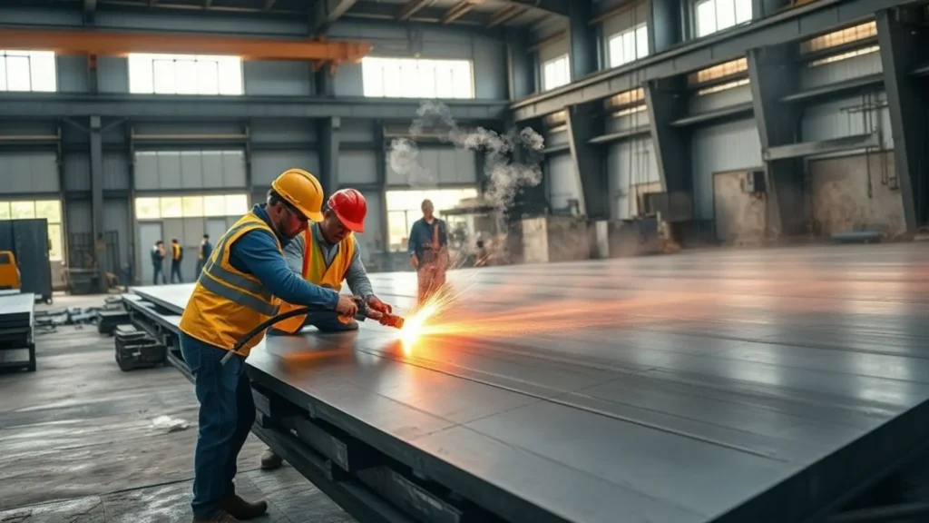 Oficina industrial moderna com oxicorte em chapas de aço sendo monitorado por trabalhadores em ambiente iluminado.