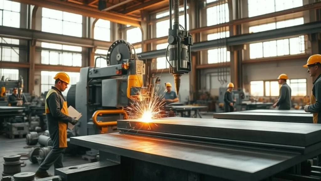 Corte oxicorte em chapas de aço com operadores monitorando o processo em ambiente industrial.