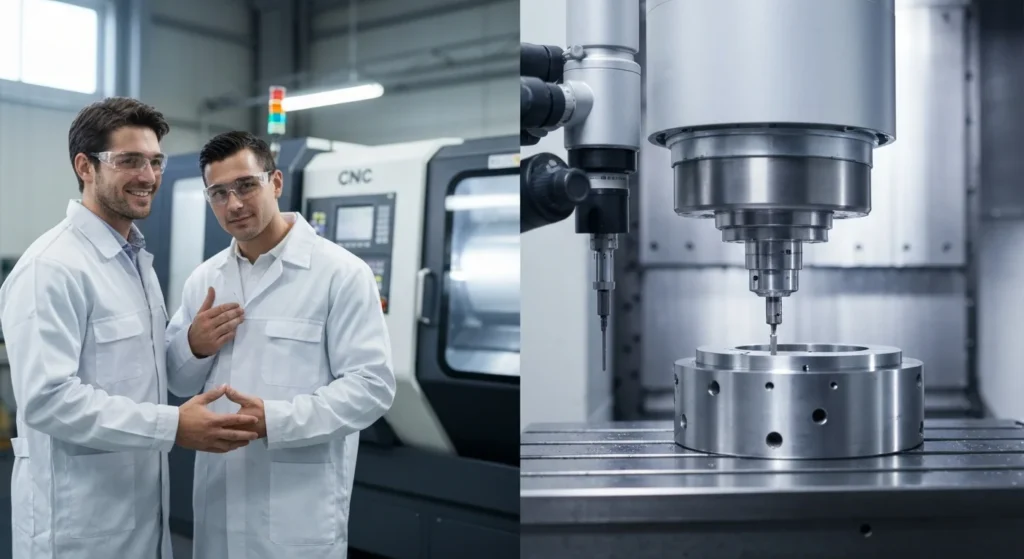 Engenheiro e gestor de contratos usinagem Guarulhos apertando mãos ao lado de máquina CNC de alta precisão.
